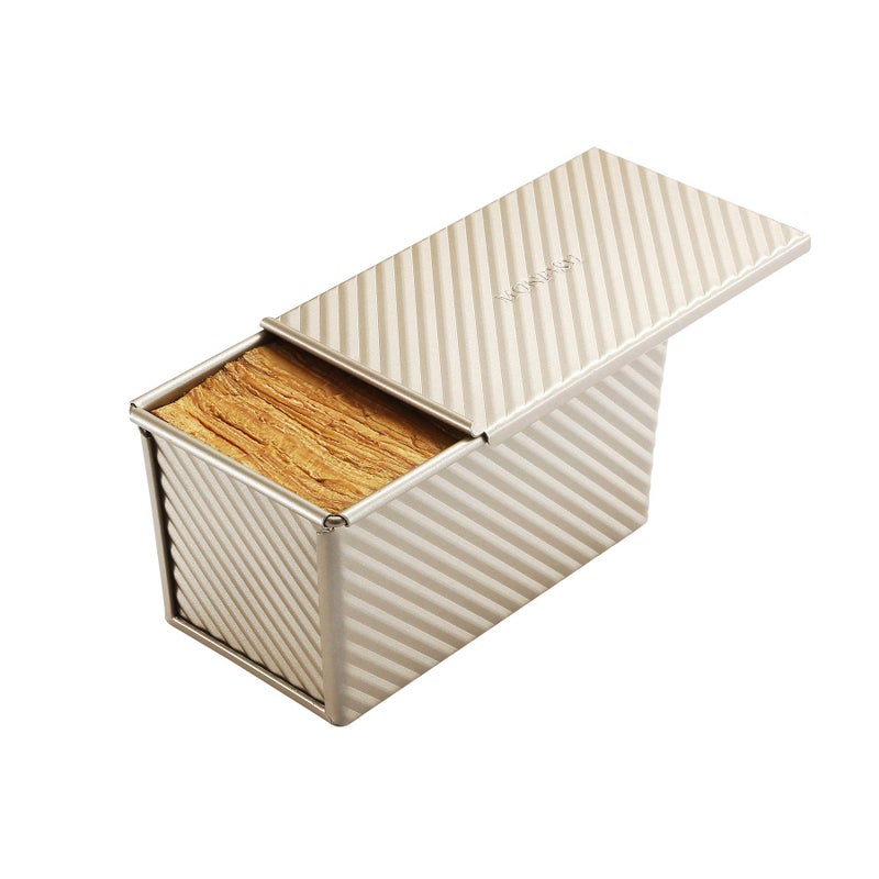 monfish Pullman Loaf Pan w Cover Bread Toast Mold corrugated loaf Pan w lid 1lb dough Alluminumed Steel Non Stick Gold (8.5X4.75X4.375INCH) - Image 2